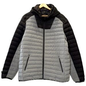 Zella Mens Down Hooded Puffer Coat Size Large Black Grey Color Block Zip Jacket